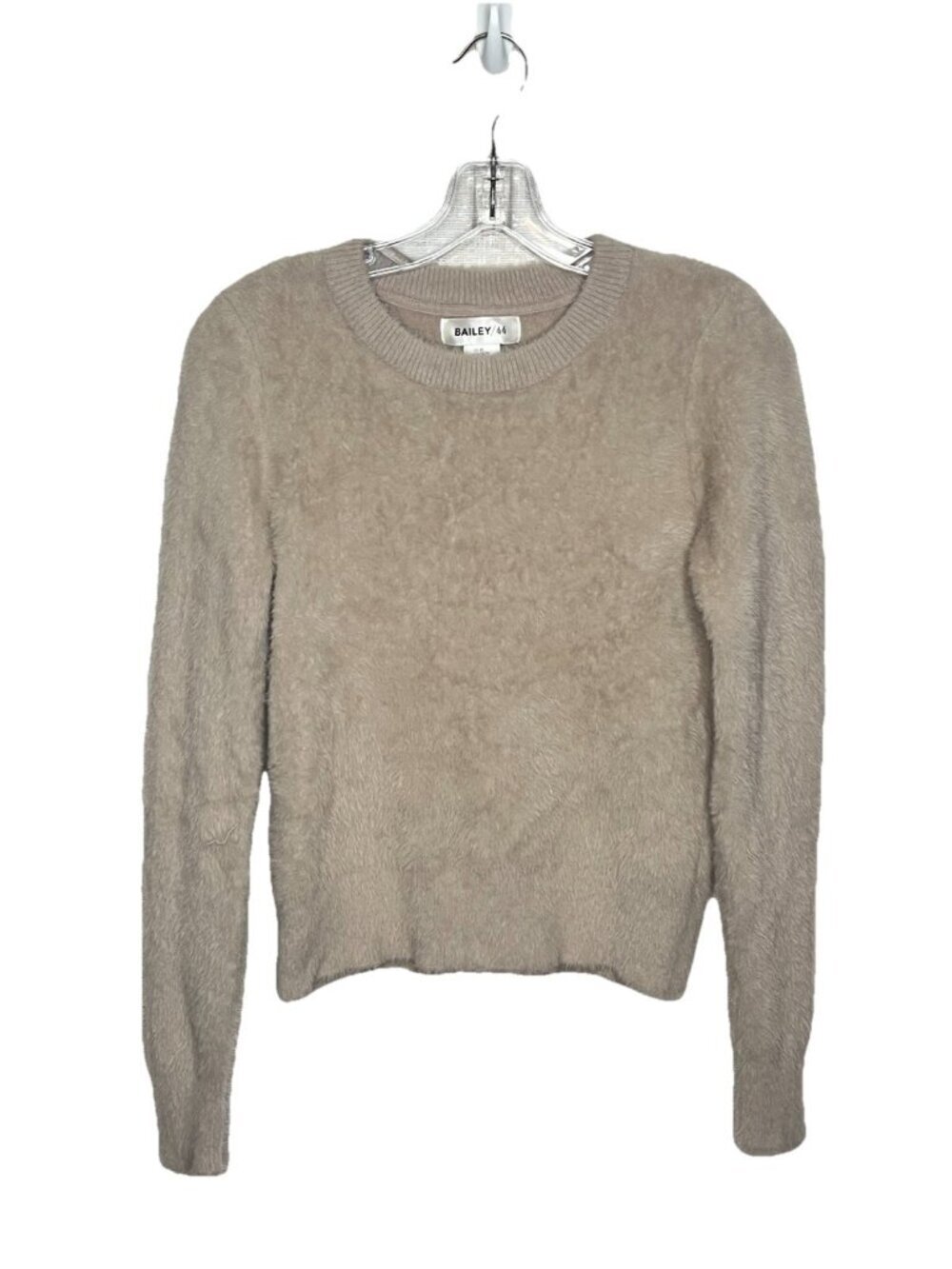 Bailey 44 Fuzzy Eyelash Sweater Beige Crew Neck Soft Knit Pullover XS Old Money